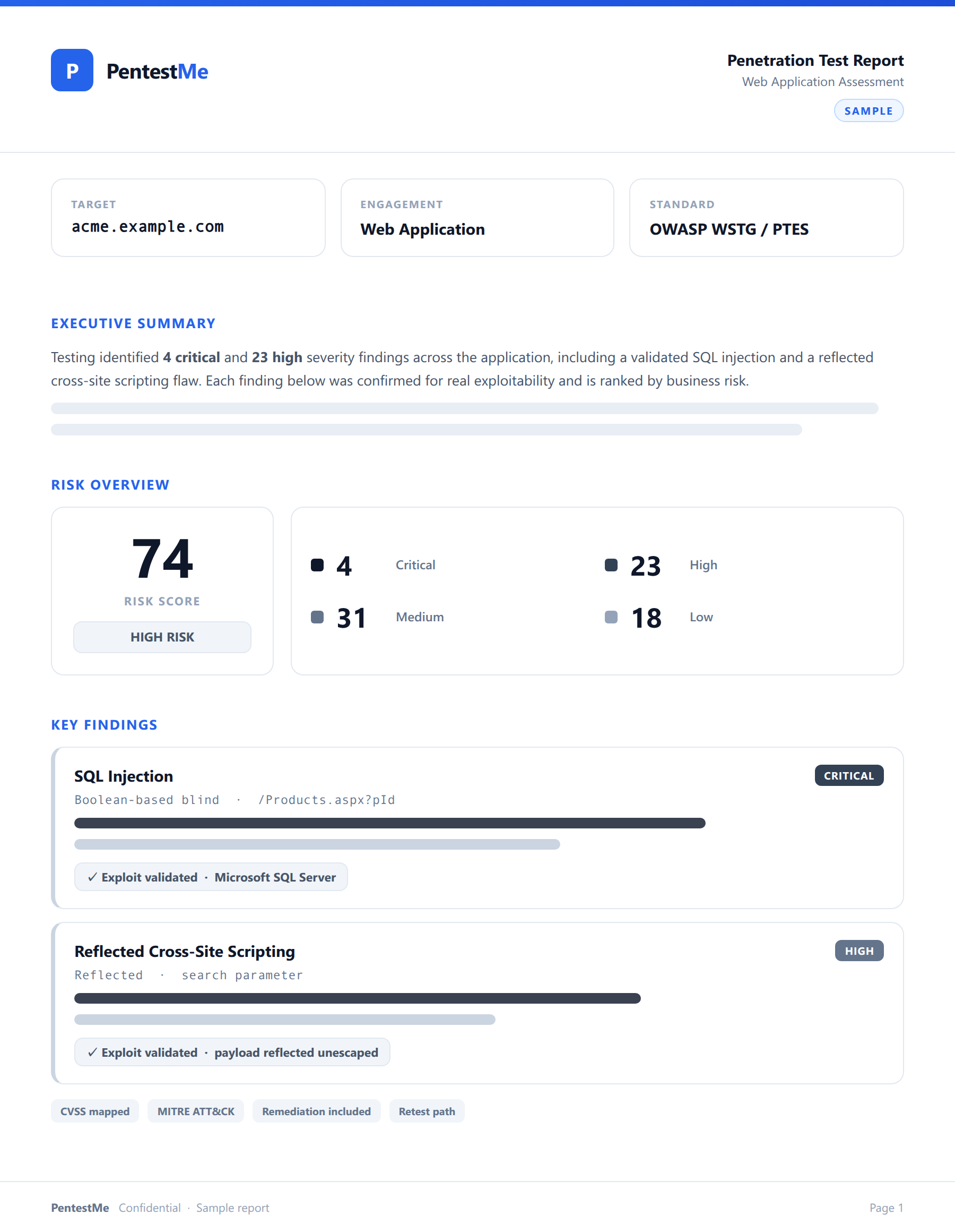 Redacted sample PentestMe penetration test report showing risk score, severity breakdown, and validated findings